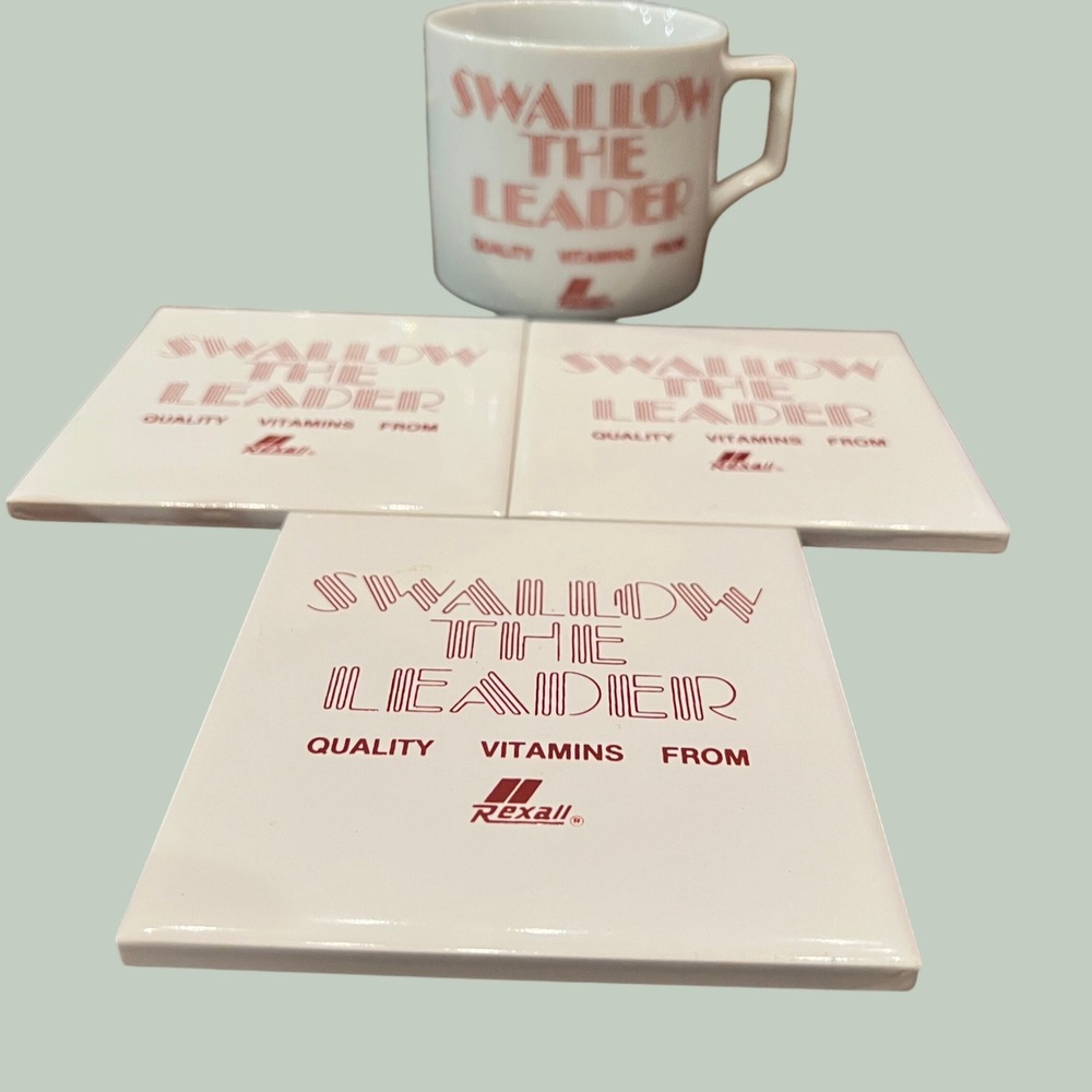 Vintage Rexall Swallow The Leader Coffee Mug & Coaster Set White Red Promo 70s